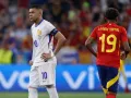 Split-screen graphic featuring France forward Kylian Mbappe in a blue national team jersey alongside Spain winger Lamine Yamal in a red kit ahead of the FIFA World Cup 2026 semifinal match.